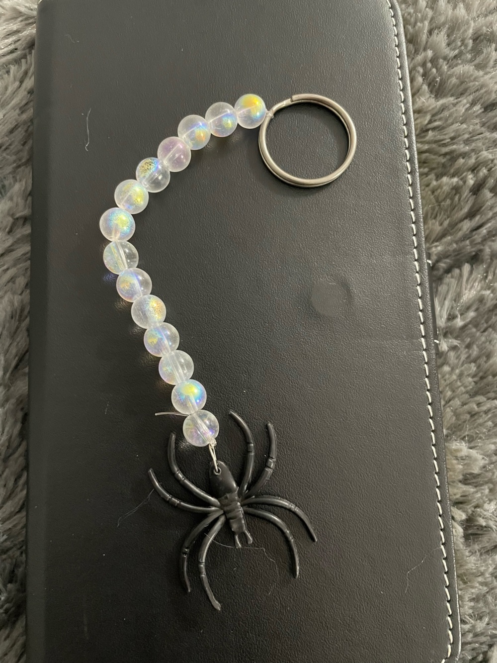 Iridescent Beaded Keychain with Black Spider Accent